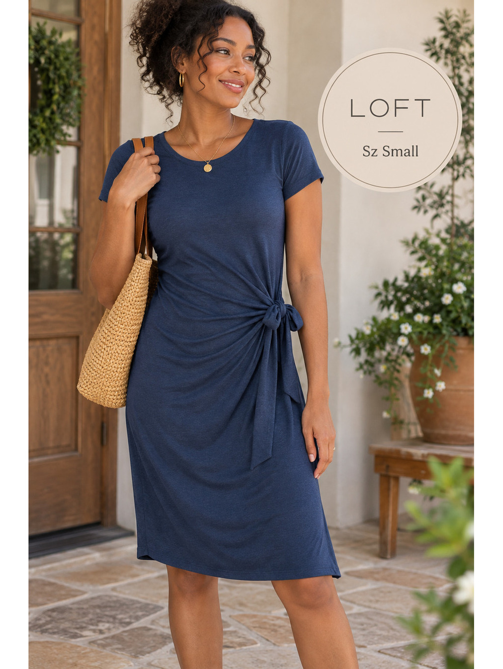 LOFT | S | Navy Knot-Front Tee Dress